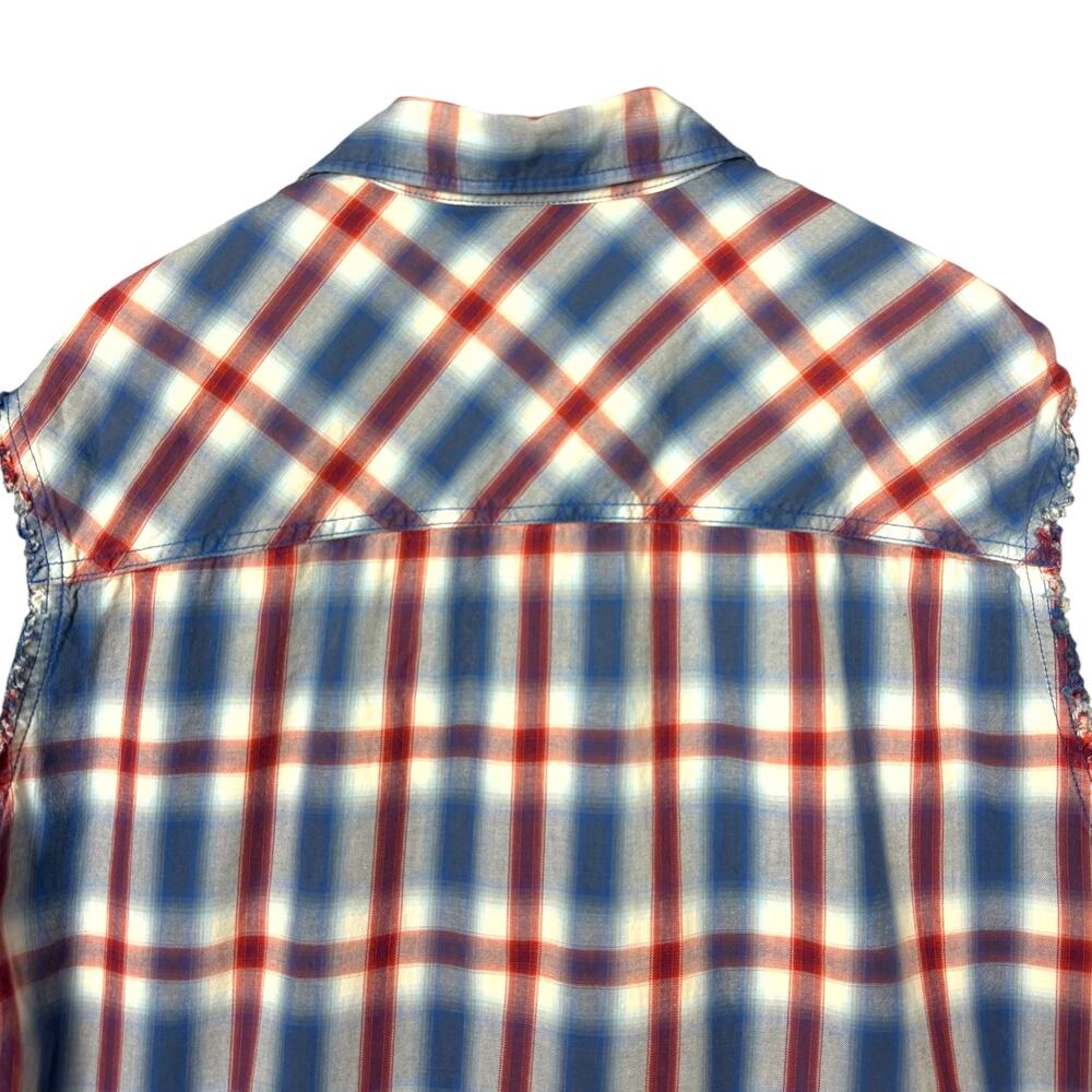 Cody James Western Plaid Sleeveless Shirt Mens Large Red Blue Cutoff Cowboy - Picture 3 of 10